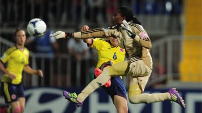 Andy Gift of Nigeria punches from Dayana Castillo of Colombia during the FIFA U-17 Women's World Cup 2012 Group A match between Colombia and Nigeria at Bayil Stadium on September 29, 2012 in Baku, Azerbaijan. (Photo by Jamie McDonald - FIFA/FIFA via Getty Images)
