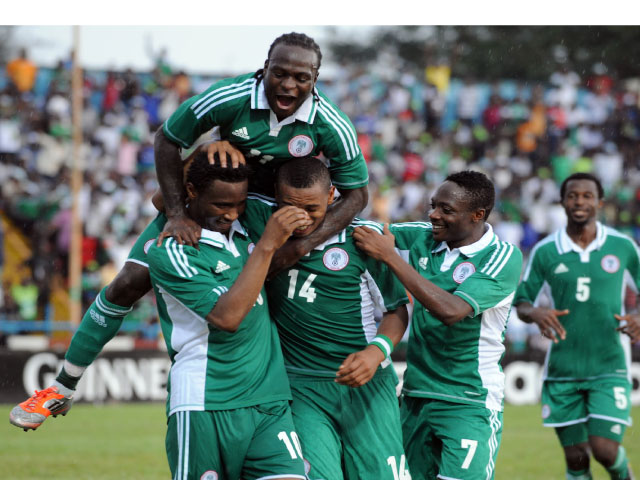 Super Eagles players, Victor Moses, Mikel Obi, Obiora Nwankwo & Ahmed Musa, celebrates one of the goals on Saturday/ Photo: Leadership.NG