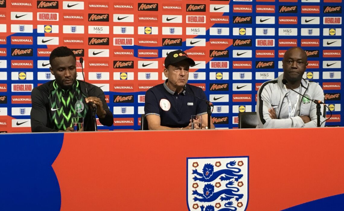 Nigeria's Super Eagles Coach Gernot Rohr and captain Mikel John Obi meet the press after the team's friendly match with England at the Wembley stadium in London.