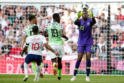 Nigeria's Super Eagles goal keeper Francis Uzoho makes a save during the team's friendly match with England at the Wembley stadium in London.