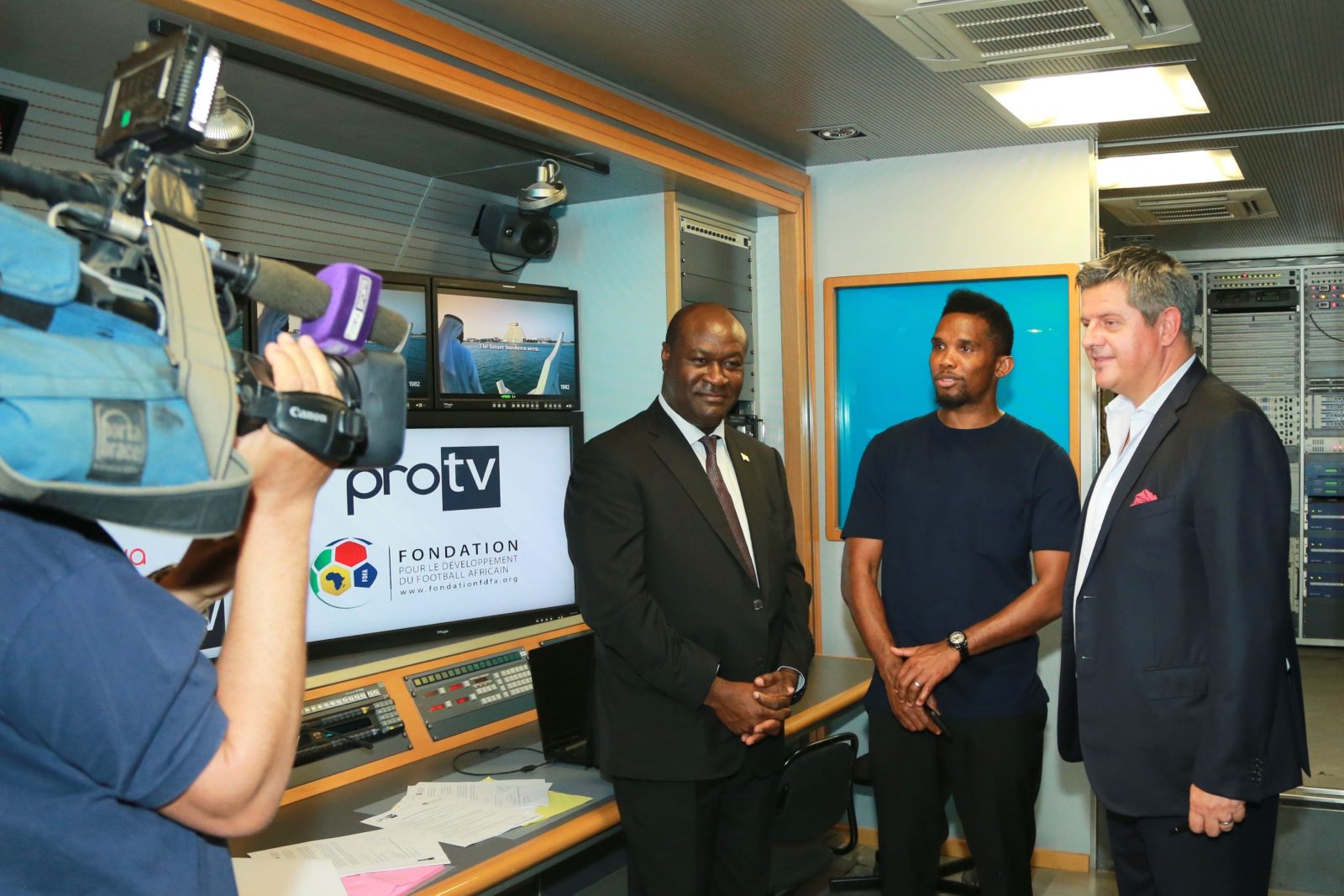 (from left to right): Mr. Christian LAGNIDE - General Manager of Foundation of African football (FDFA) Mr. Samuel ETOO - The official patron of the Partnership. Qatar Sports Club, former Barcelona FC Mr. Bernard PICHAUD – General manager PRO TV -beIN