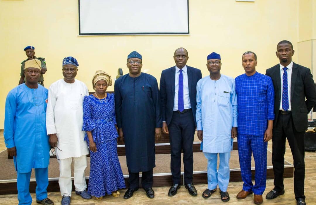 Governor Kayode Fayemi, Deputy Governor Otunba Bisi Egbeyemi and Ekiti State House of Assembly Speaker, Funminiyi Afuye posed with the members of the governing council of College of Agriculture and Technology, Isan Ekiti, during the council’s inauguration on Friday. R-L: Dr. Tope Aroge; Nuradin Osman; Funminiyi Afuye, Babajide Arowosafe (Chairman Governing Council), Governor Kayode Fayemi, Prof. Simi Odeyinka; Otunba Bisi Egbeyemi and Ayo Aroge