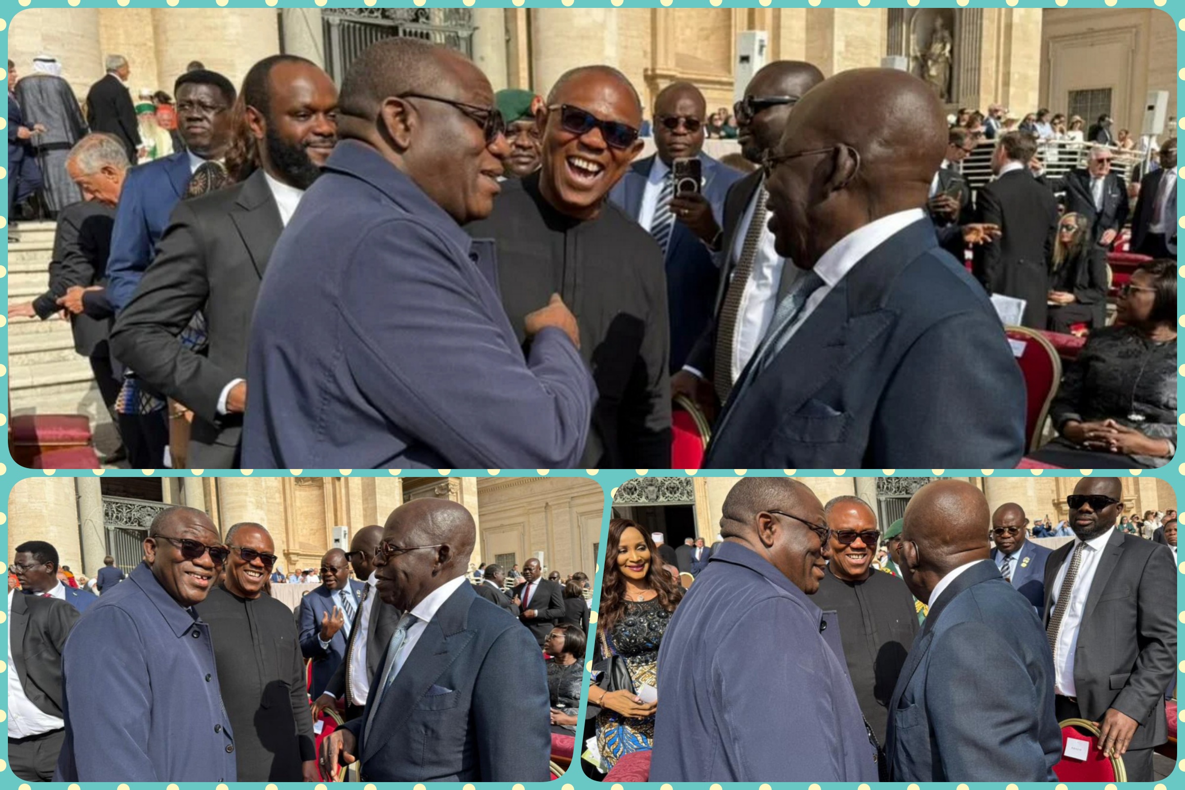 President Bola Tinubu meets with former governors Kayode Fayemi and Peter Obi at Pope Leo XIV's inauguration in Rome.